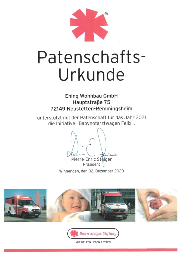 Patenschaftsurkunde 2021 Baby-Notarztwagen