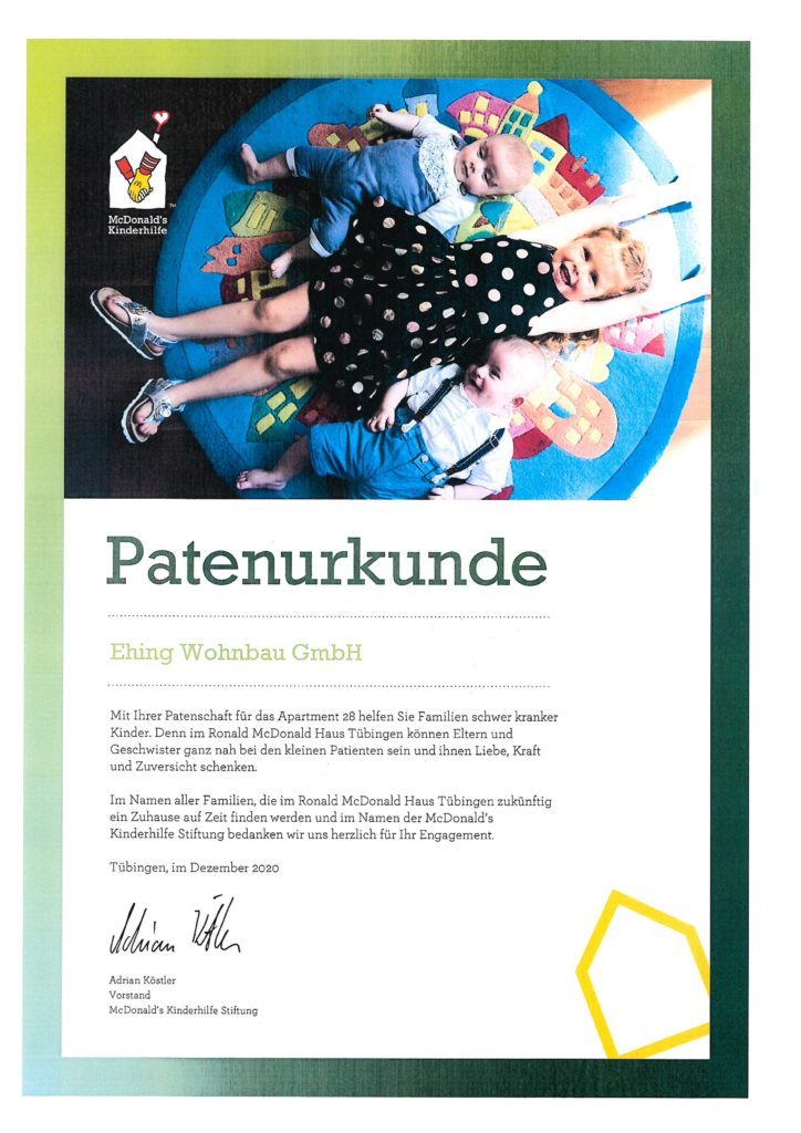 Patenschaftsurkunde 2021 Ronald Mc Donald Haus