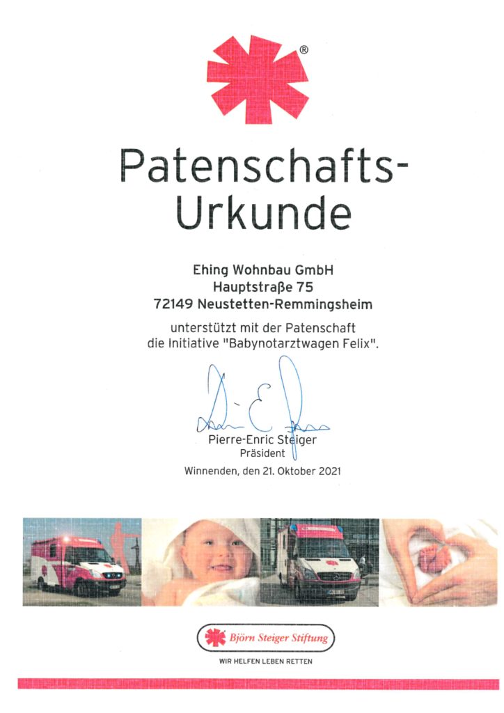 Patenschaftsurkunde 2022 Baby-Notarztwagen
