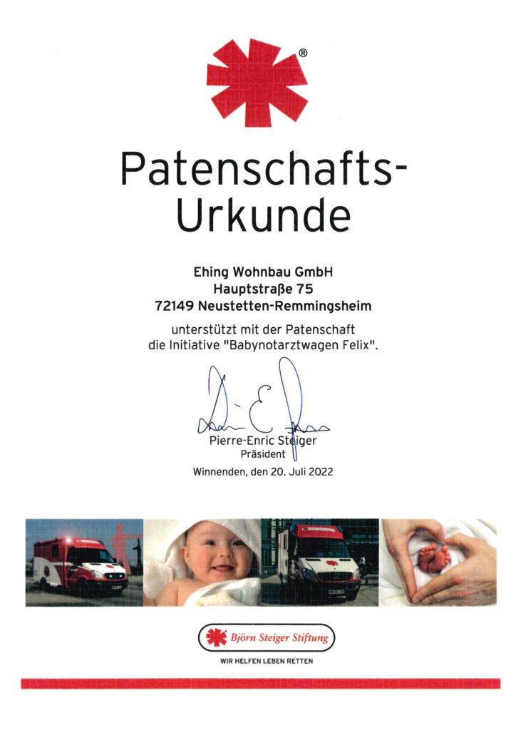 Patenschaftsurkunde Juli 2022 Baby-Notarztwagen