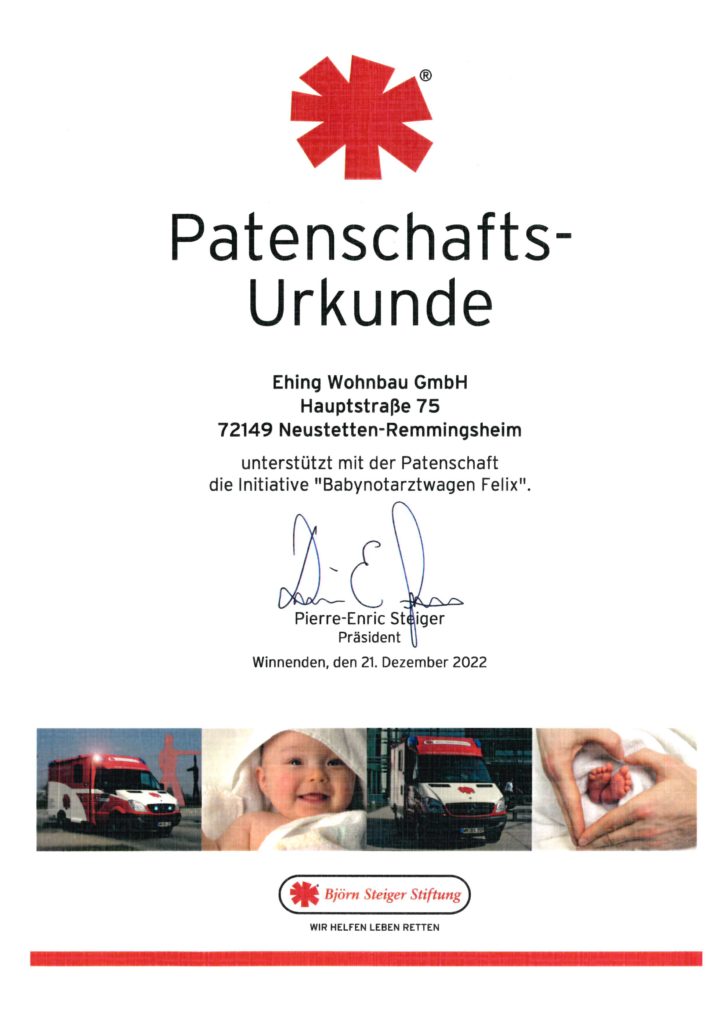 Patenschaftsurkunde 2023 Baby-Notarztwagen
