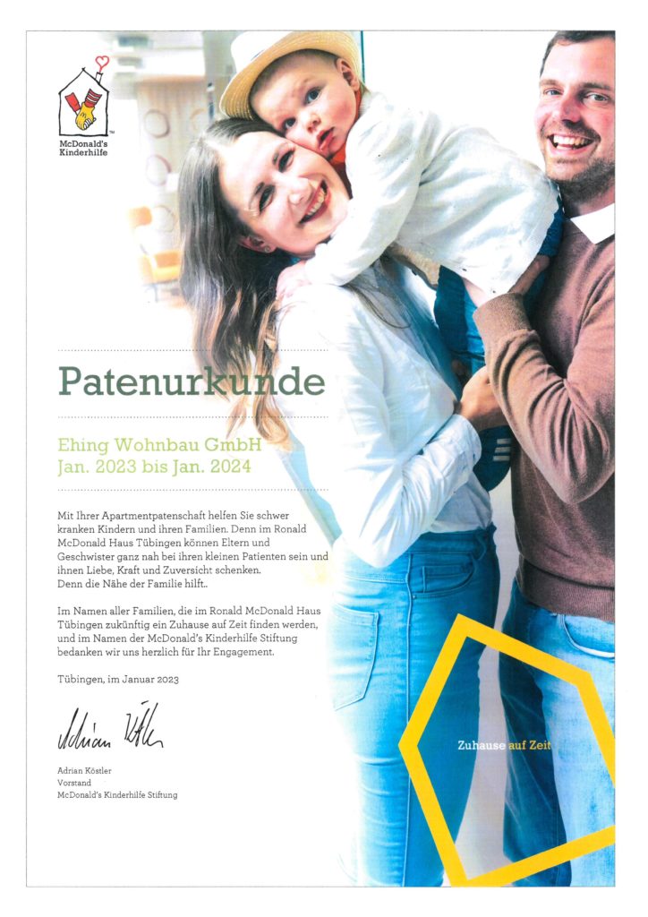 Patenschaftsurkunde 2023 McDonald`s Kinderhilfe