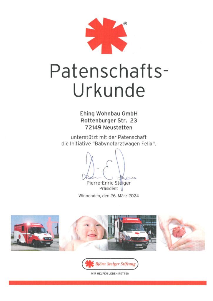Patenschaftsurkunde März 2024 Baby-Notarztwagen