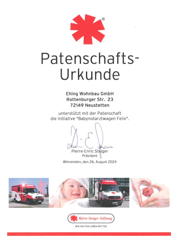 Patenschaftsurkunde September 2024 Baby-Notarztwagen